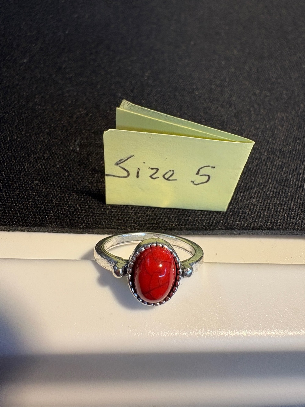 Red Oval Stone Silver Ring - Size 5